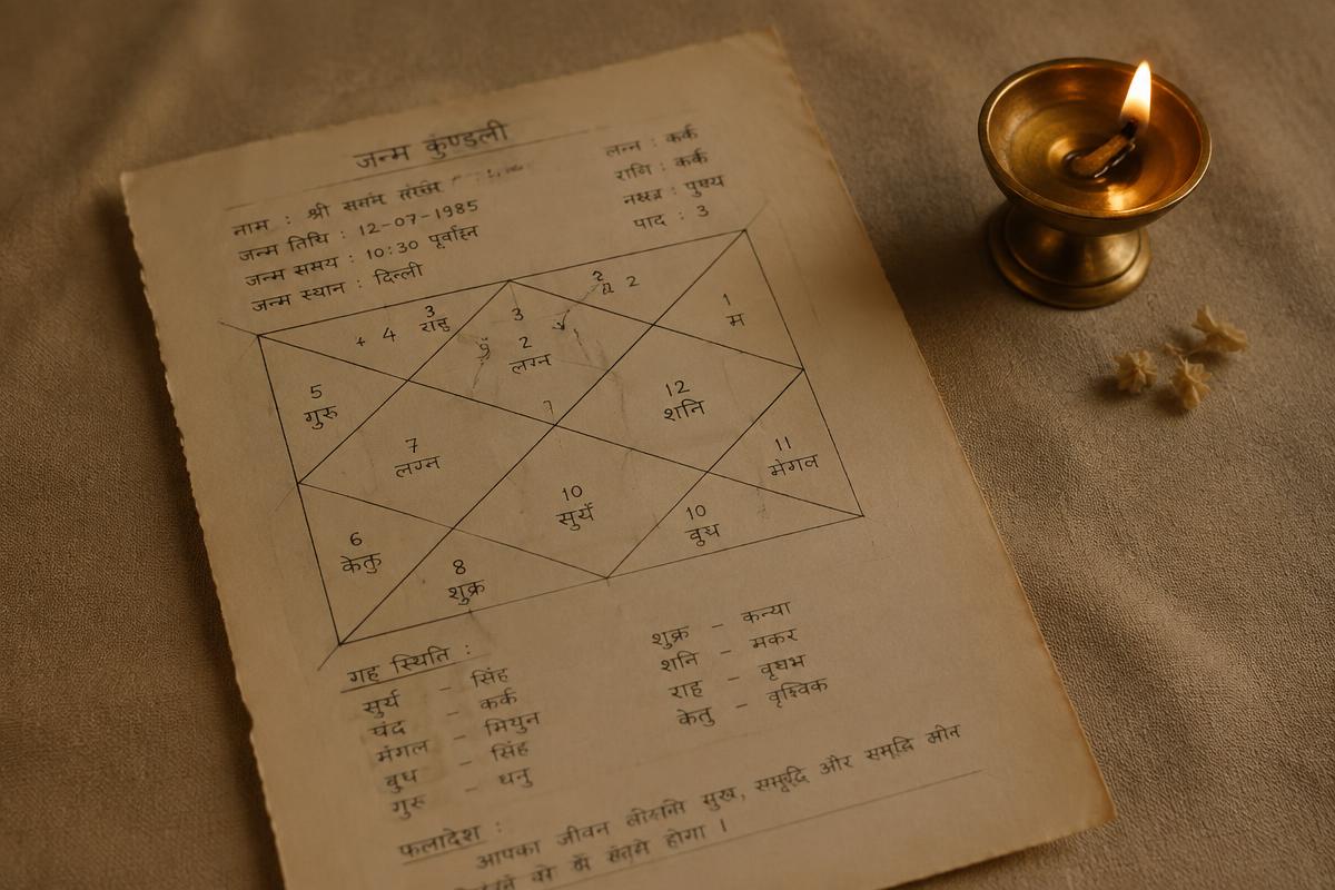 Handwritten Vedic birth chart on aged paper beside a lit brass diya