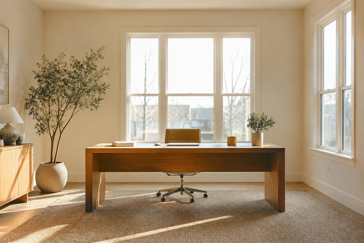 Bright, minimal office with a wooden desk facing a large window