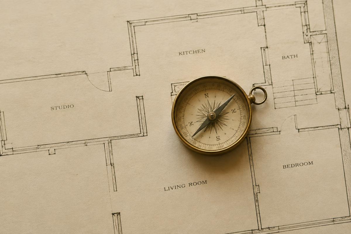 Brass compass resting on a hand-drawn architectural floor plan